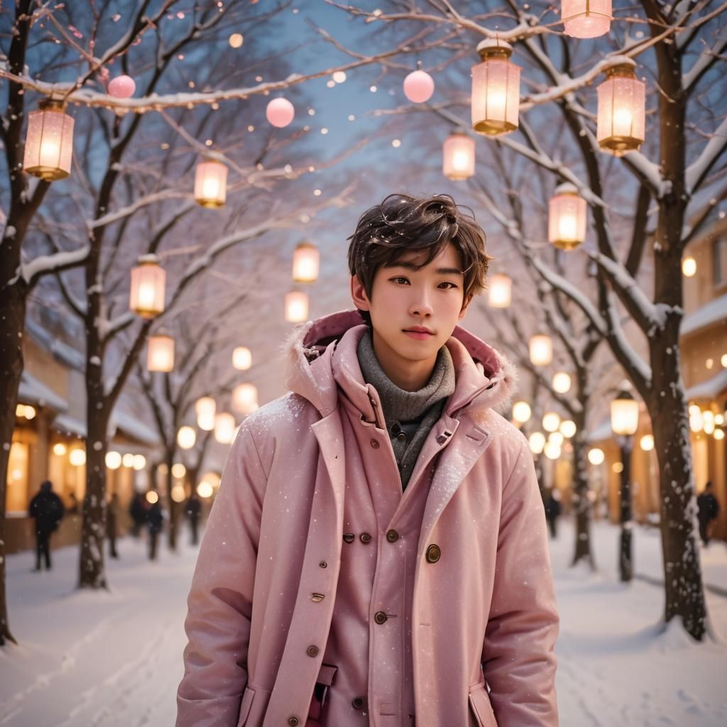 Anime Style Teenage Boy in Winter Wonderland