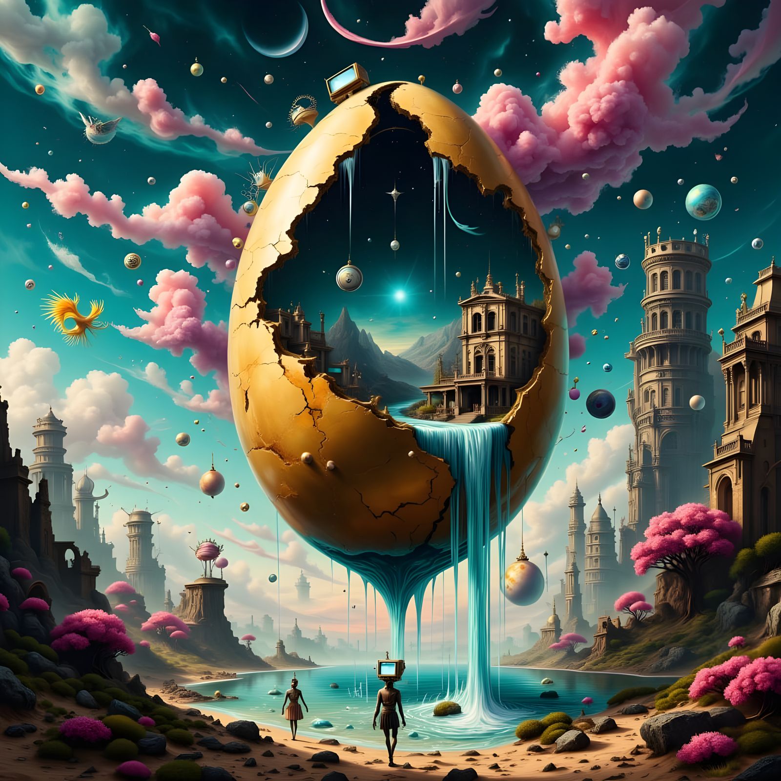 Surreal Glitched Eggshell Above Desert Dreamscape