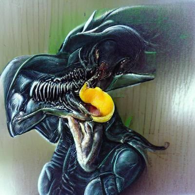 Xenomorph's Tropical Treat: Alien Eats Mango