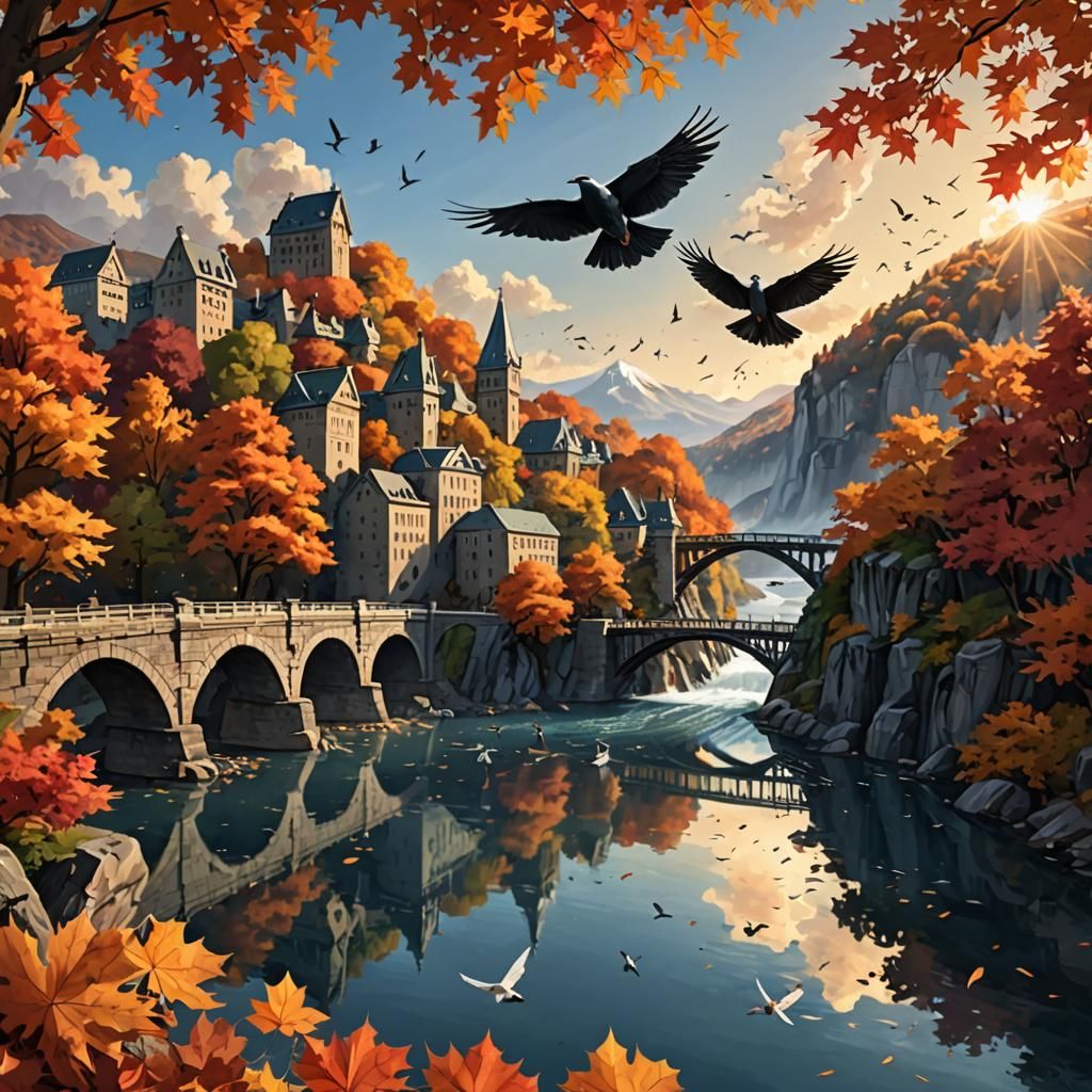 Autumn Landscape with Waterfall and Birds