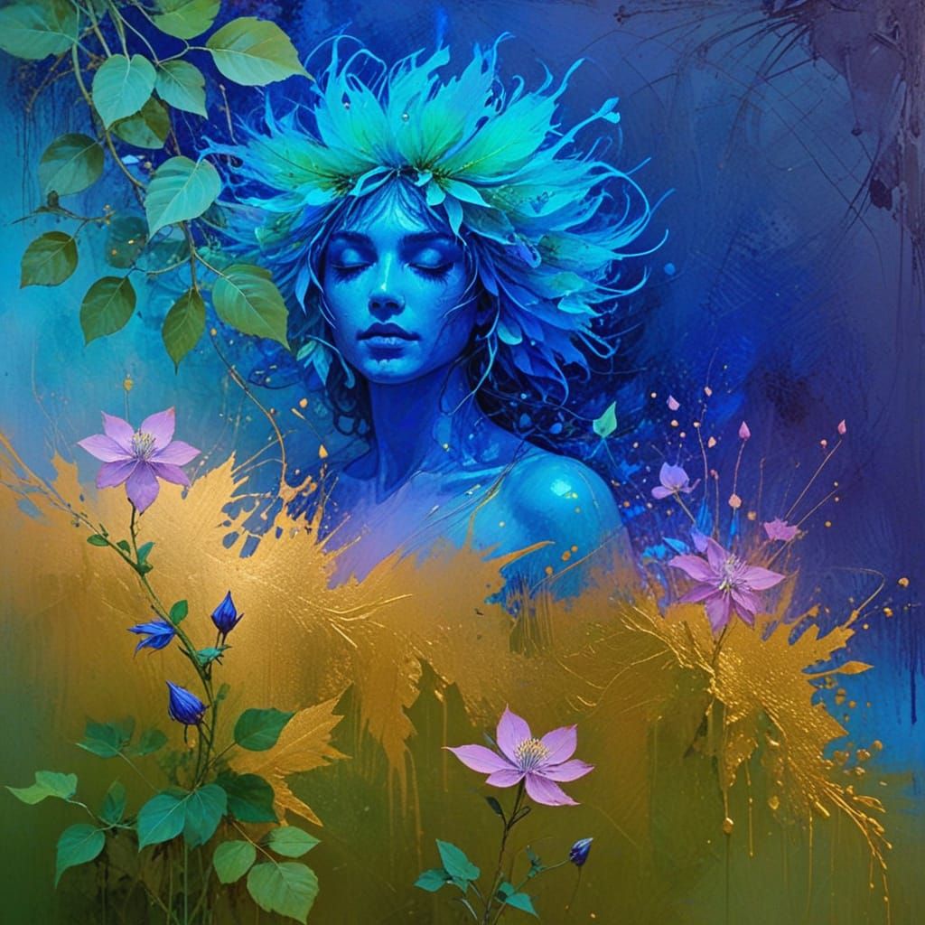 Blue Art Deco Masterpiece with Clematis and Leaves