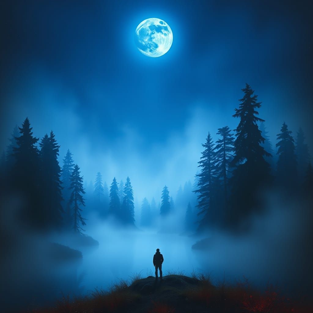 Ethereal Blue Moonlit Landscape in Dreamy Style