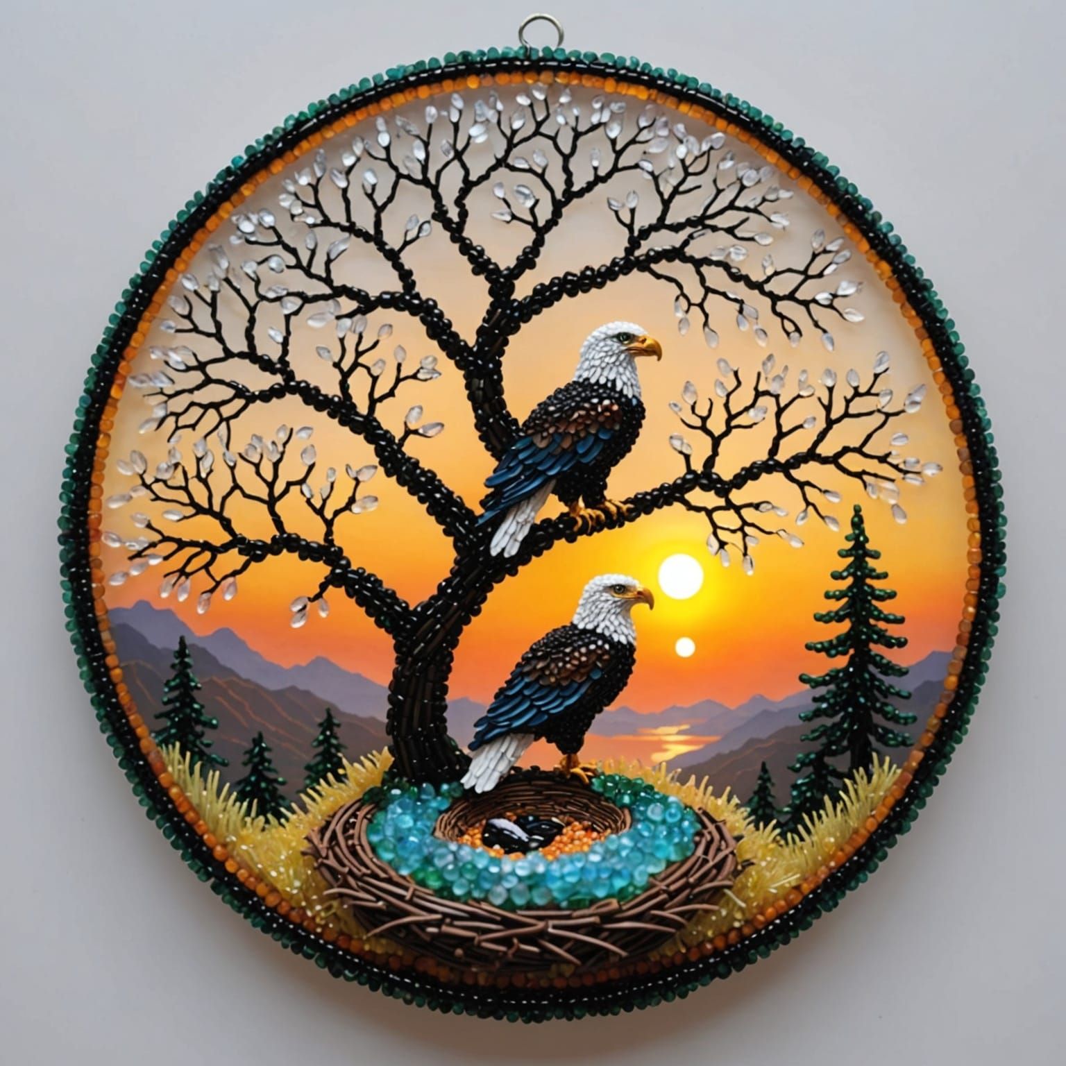 Beaded Landscape of Tree with Eagle in Stained Glass Style