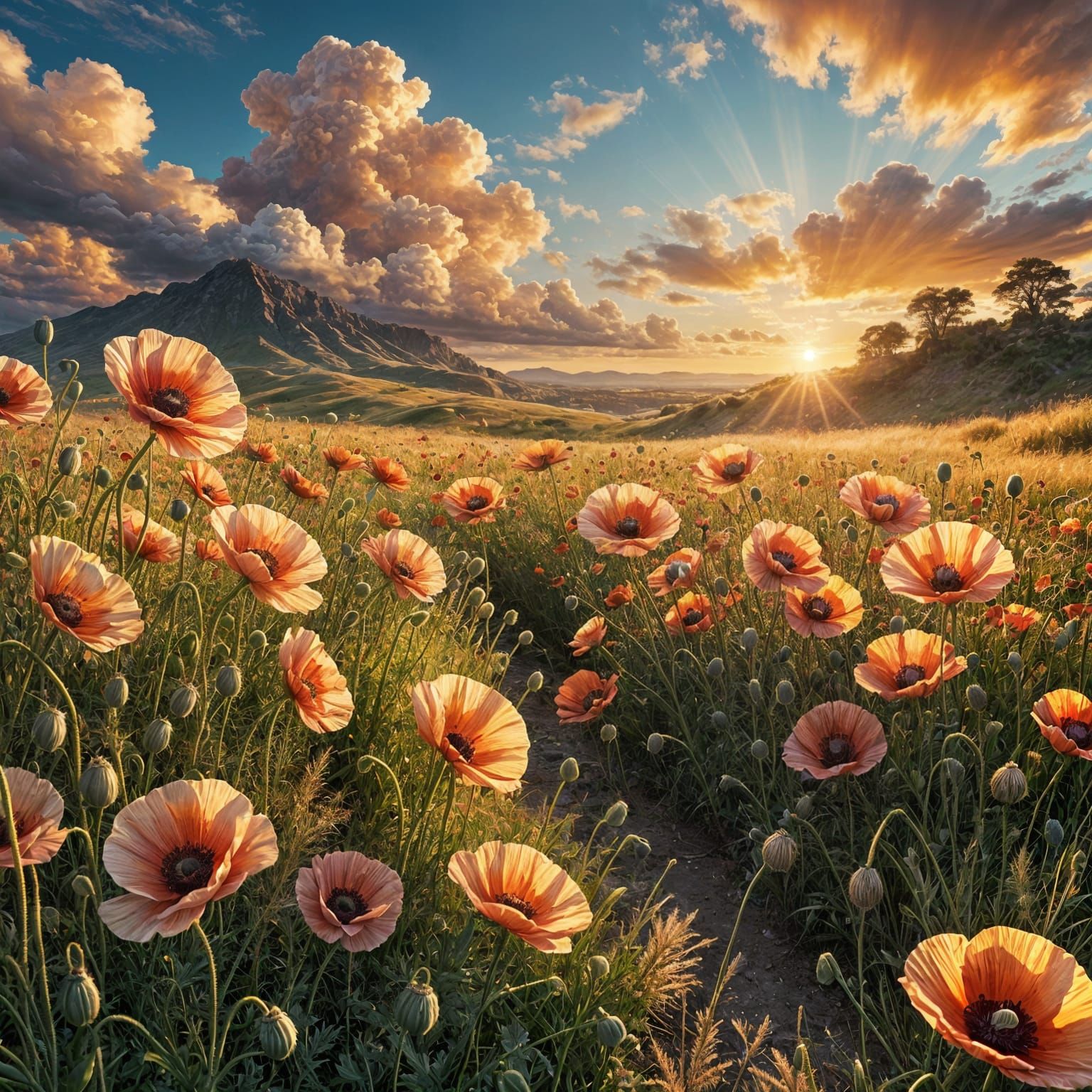 Vibrant Sunset Landscape with Poppies and Fluffy Clouds