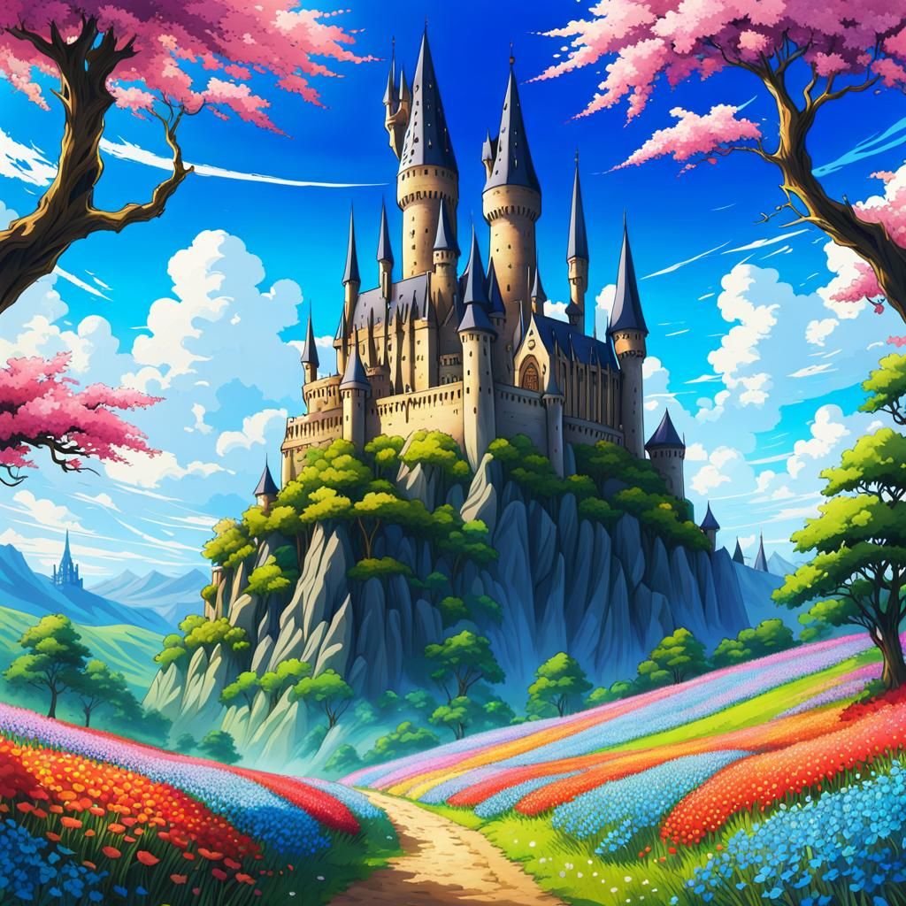 Psychedelic Hogwarts Castle in Anime Style