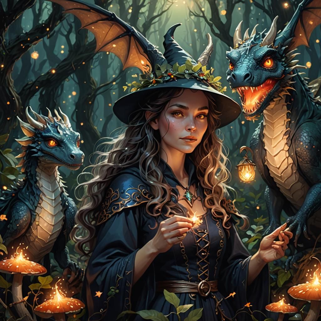 A sorceress witch and her dragon familiar. 3