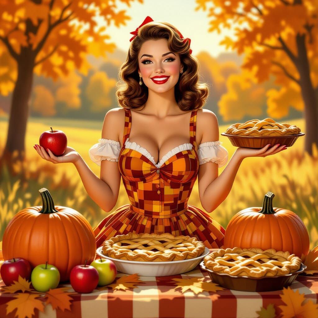 Autumn Pinup Girl Offers Harvest Feast in Golden Light