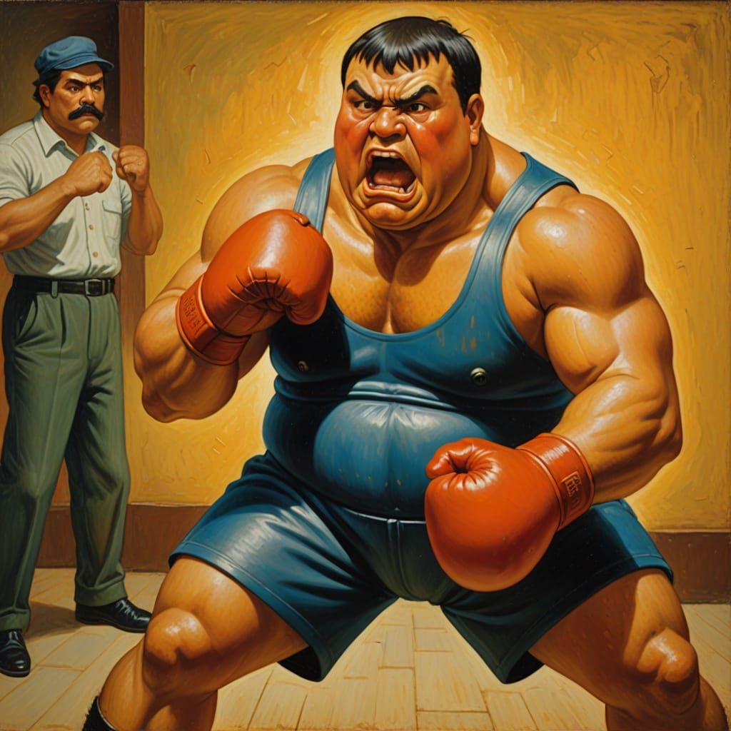 Satirical Boxer Portrait in Warm, Golden Oil