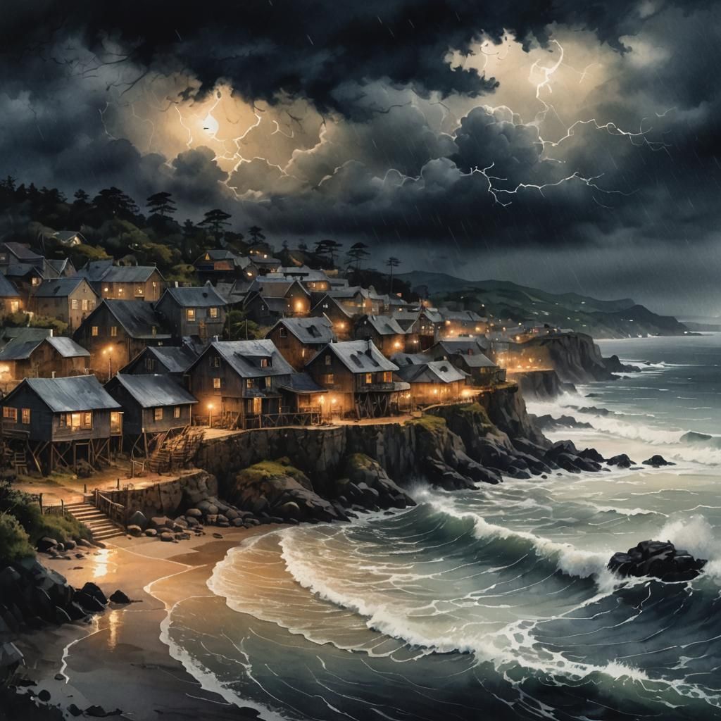 Dramatic Watercolor Storm Over Coastal Village