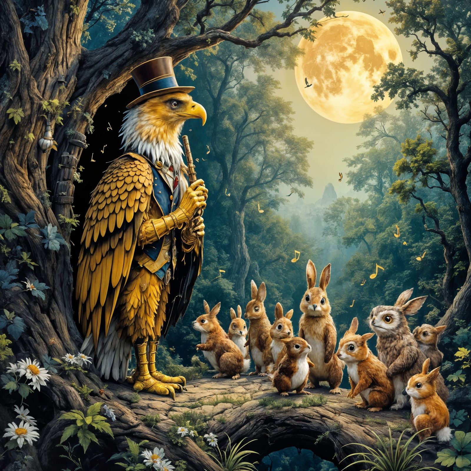 Surreal Golden Eagle Plays Flute, Luring Forest Creatures to...