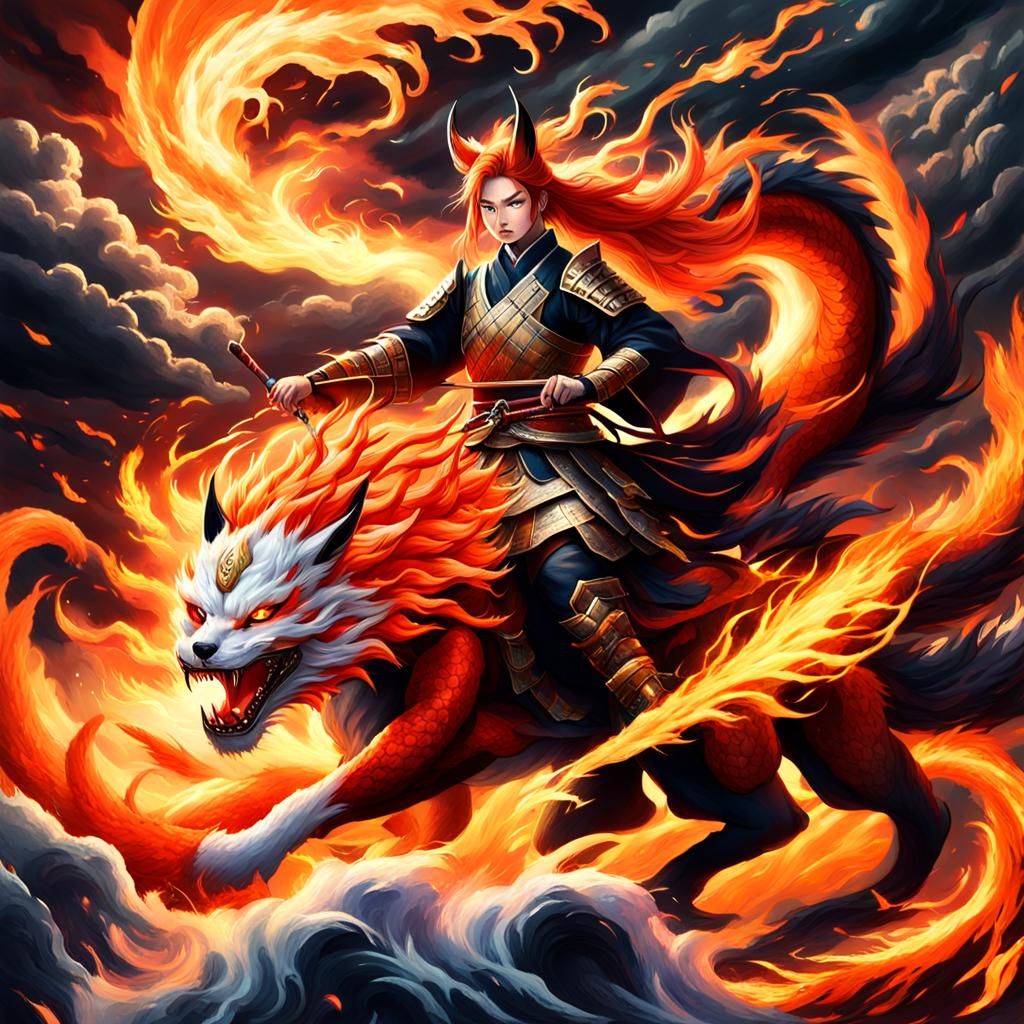 Kitsune Lancer Rides Dragon in Stormy Skies