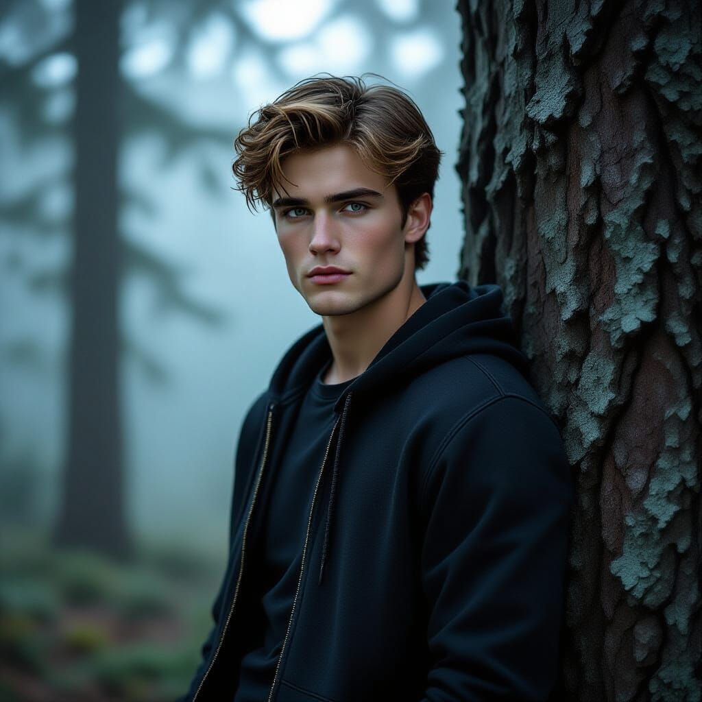 Ethereal Teen in Misty Pine Forest, Romantic Fantasy Art