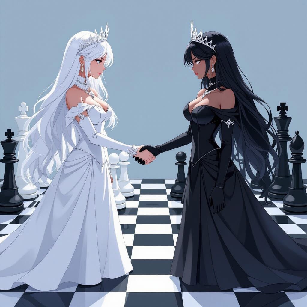 Two Queens Clash on Giant Chessboard, Semi-Realistic Style