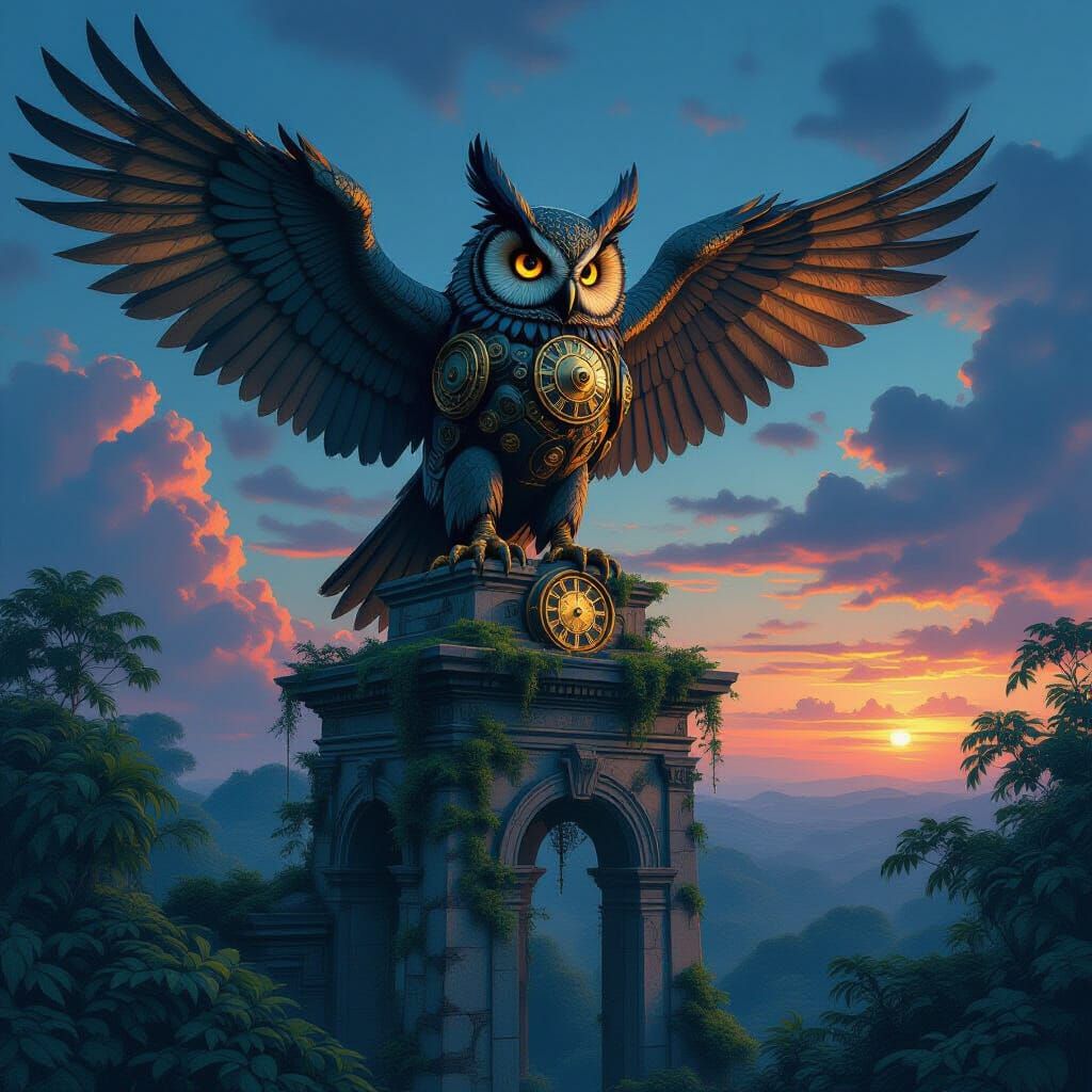 Ancient Mechanical Owl in Twilight Jungle