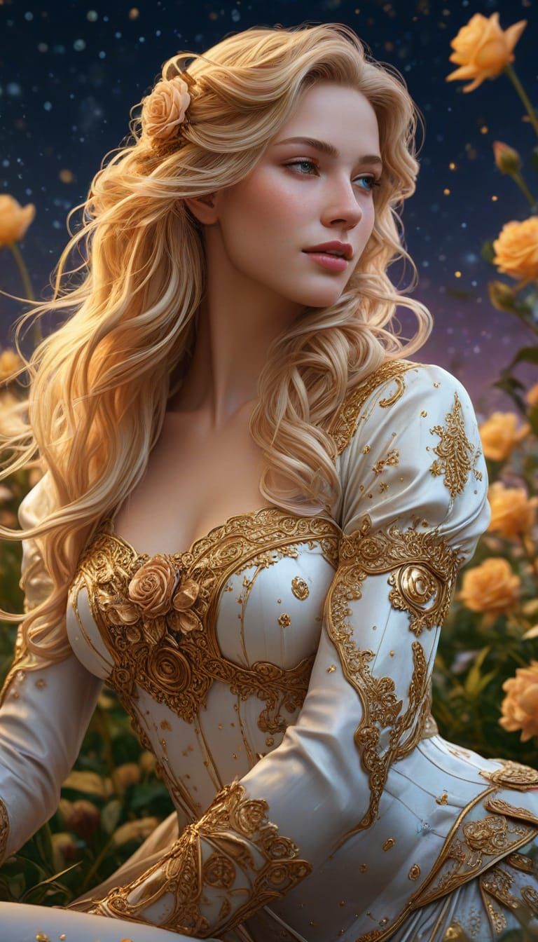 Serene Woman in Cow-Patterned Outfit in Rose Garden