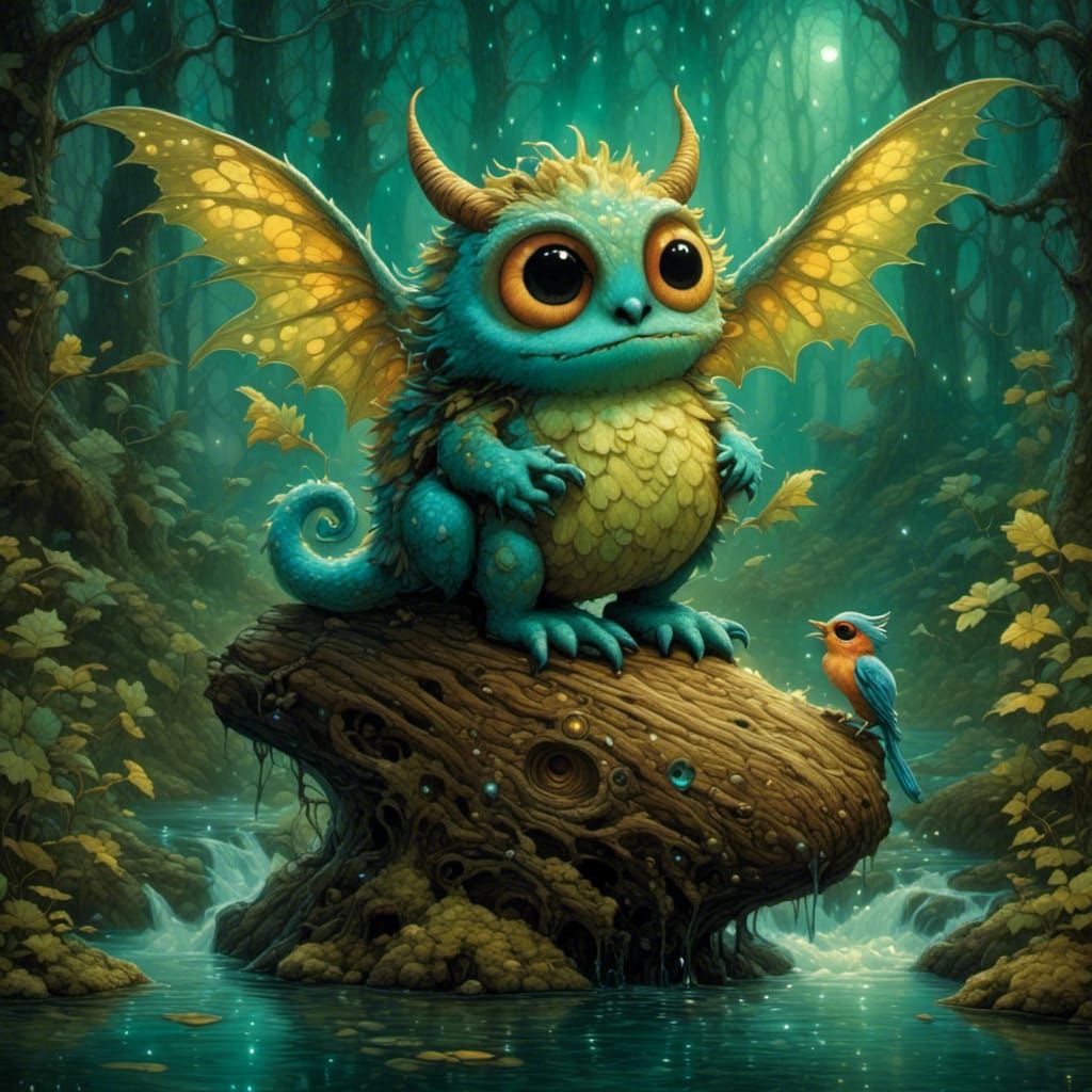 Ethereal Winged Monster Perched on Log