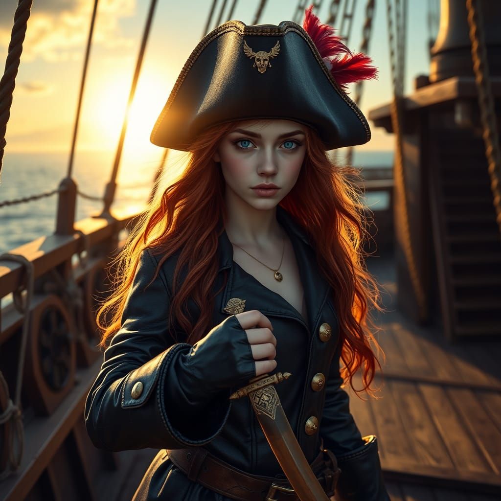 Pirate Woman with Saber on Weathered Ship