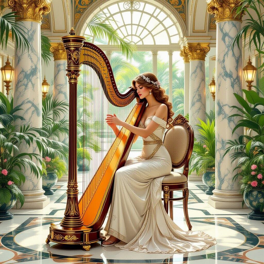 Harpist at Grand Hotel Palm Court in Art Nouveau Style