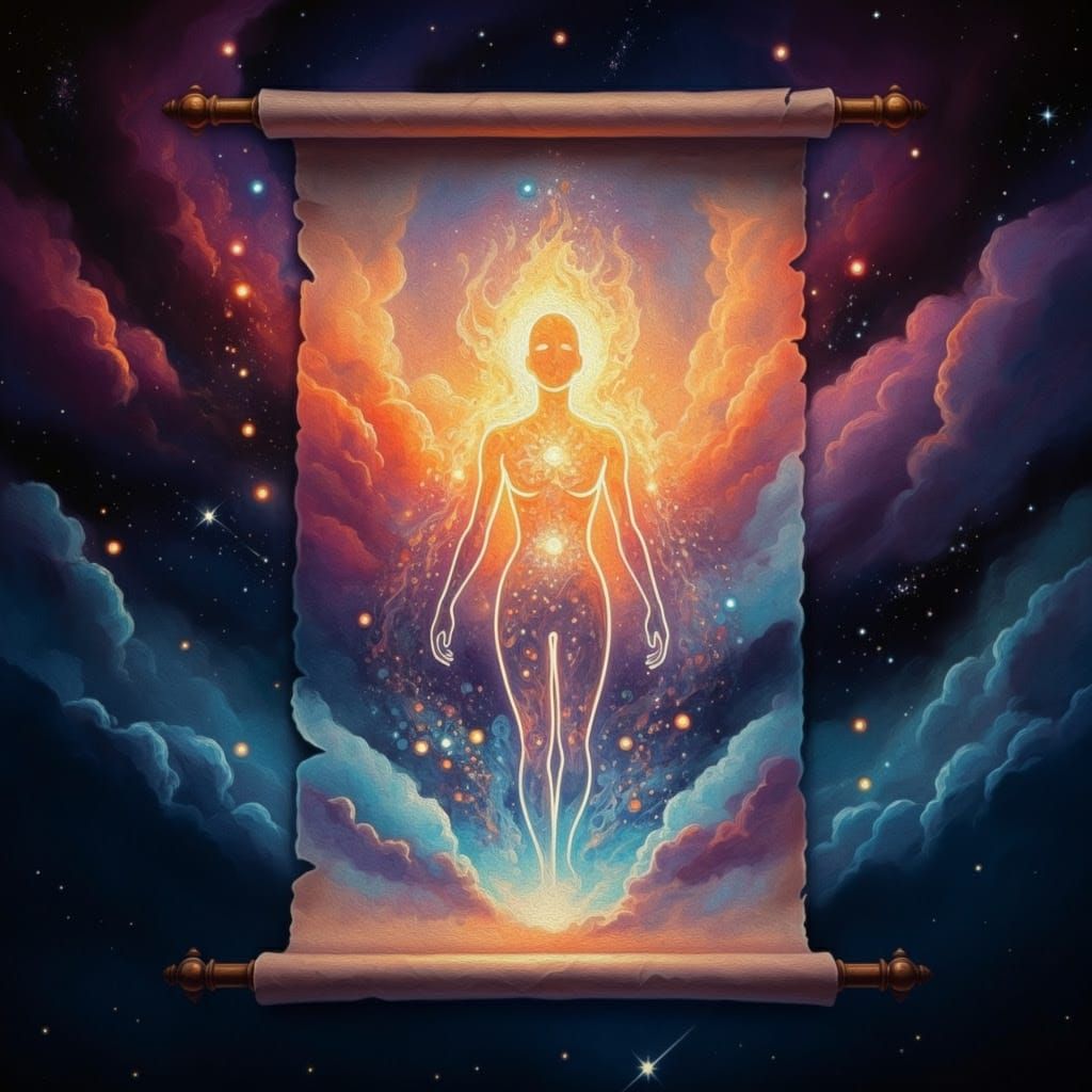 Ancient Mystical Galaxiescape with Glowing Humanoid