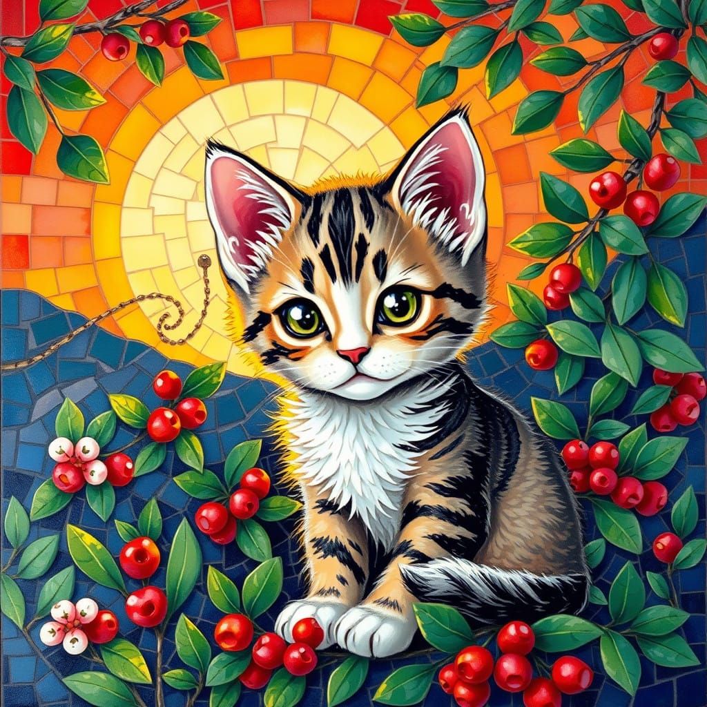 Whimsical Kitten in Dreamlike Glass-Tile Mosaic