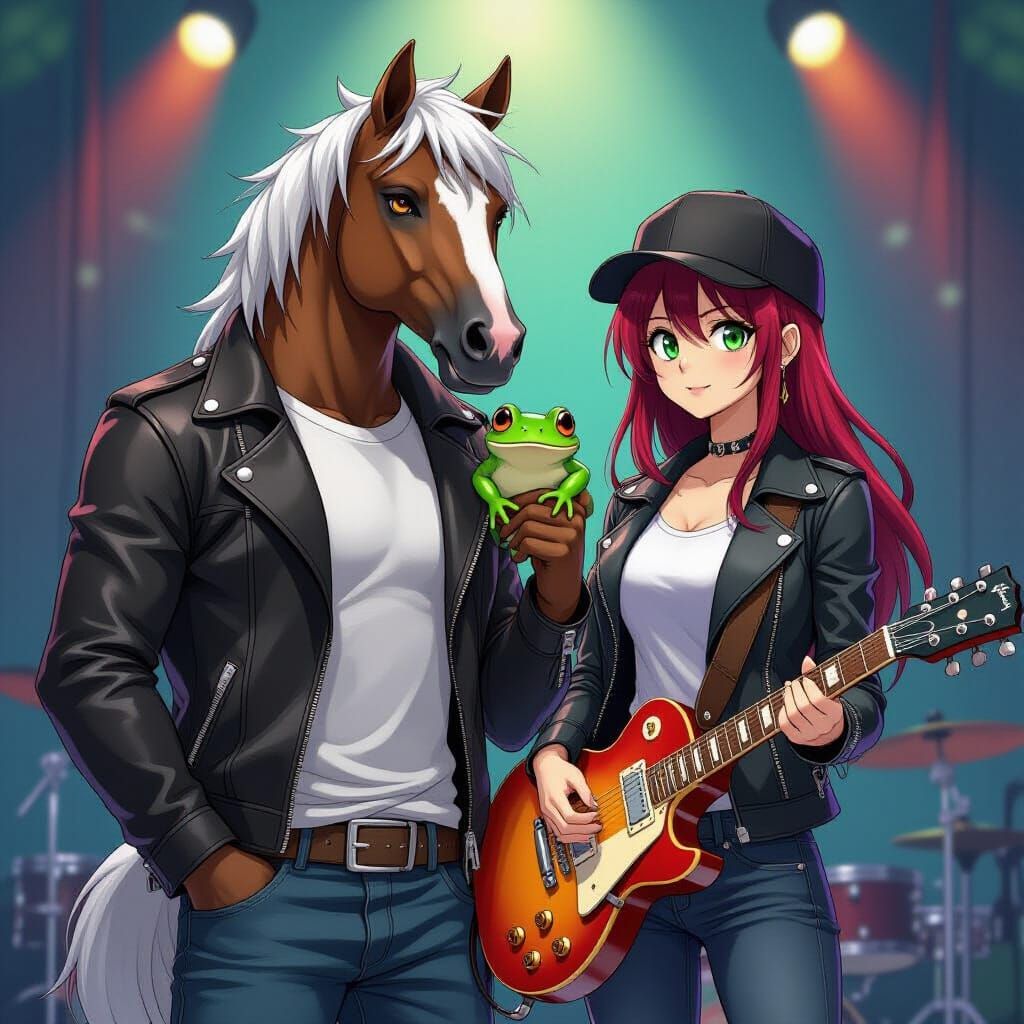 Horse-Headed Man Holding Frog, Anime Style