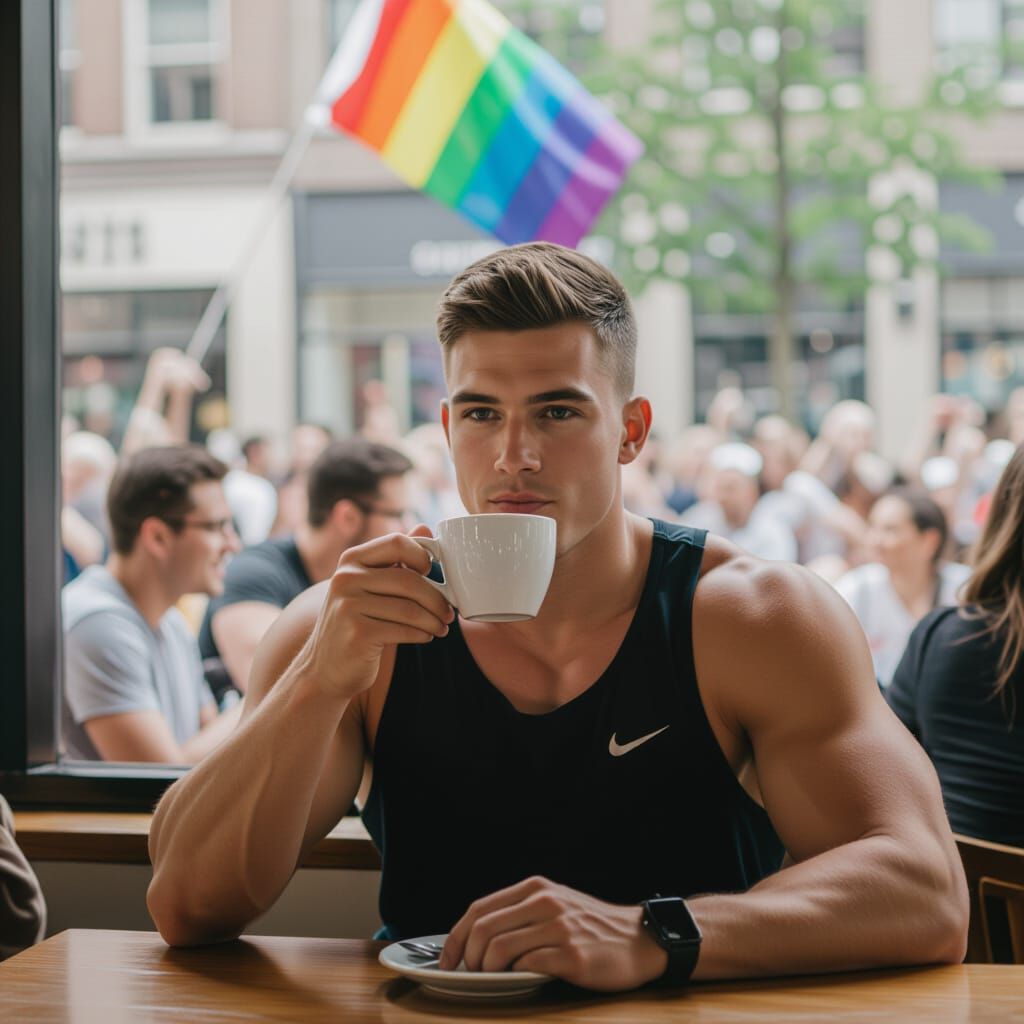 Young man in a cafe