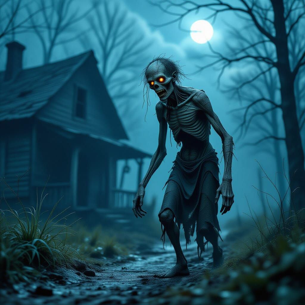 Creepy Zombie Figure in Dark Forest, Hyper-Realistic Horror