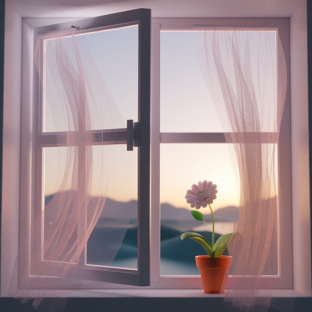 Anime Window with Blooming Flower and Mountain View
