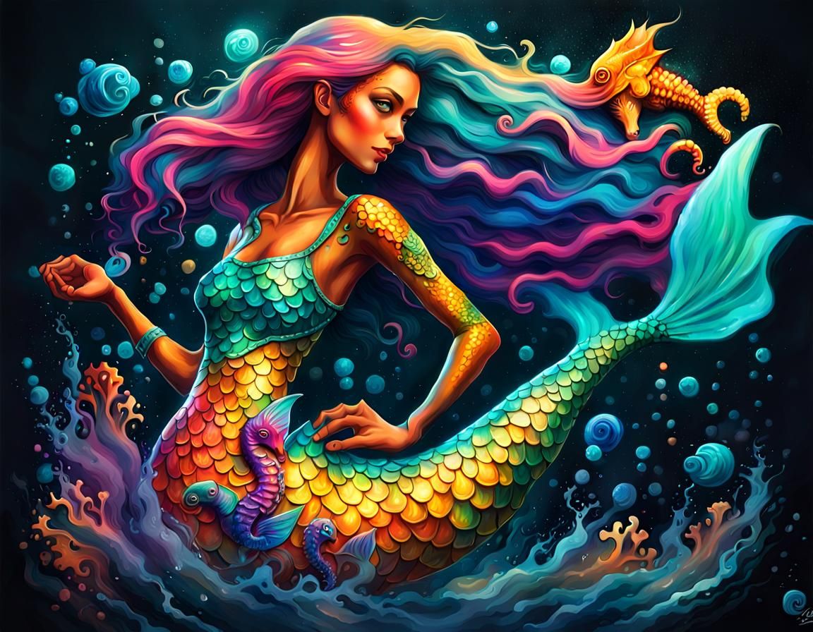 Mermaid with Seahorse in Graffiti Art Style