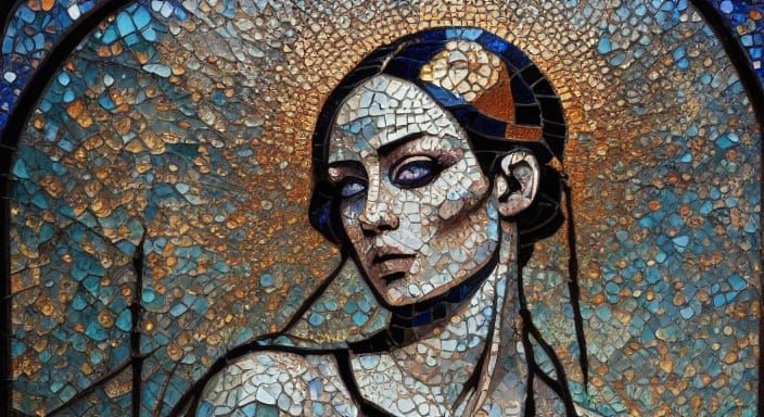 Gothic Horror Pinhead Portrait in Shattered Glass Mosaic Sty...