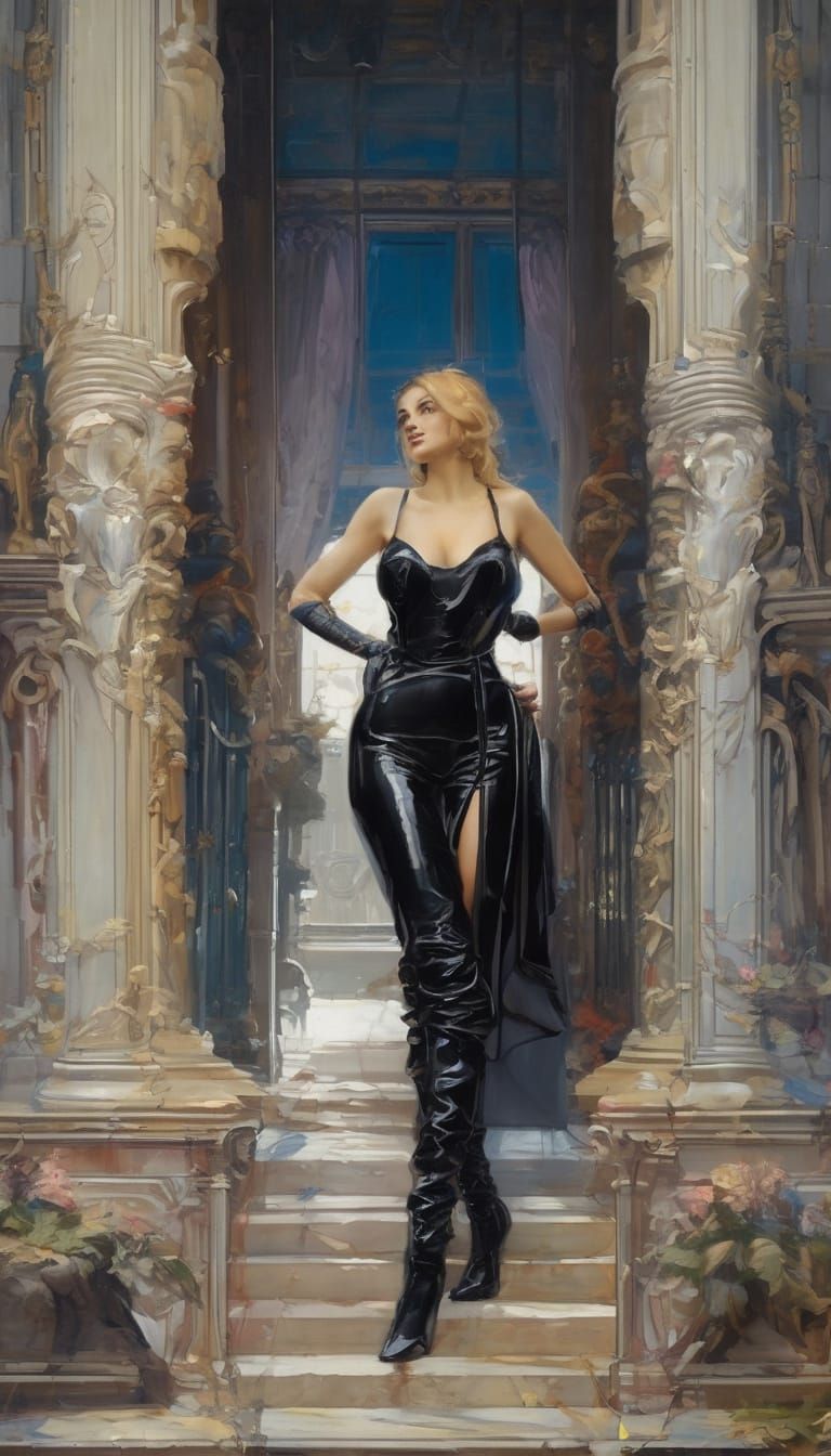 A woman stands on a balcony, leaning forward slightly, with her back facing the viewer. She has very long, wavy red  hai...