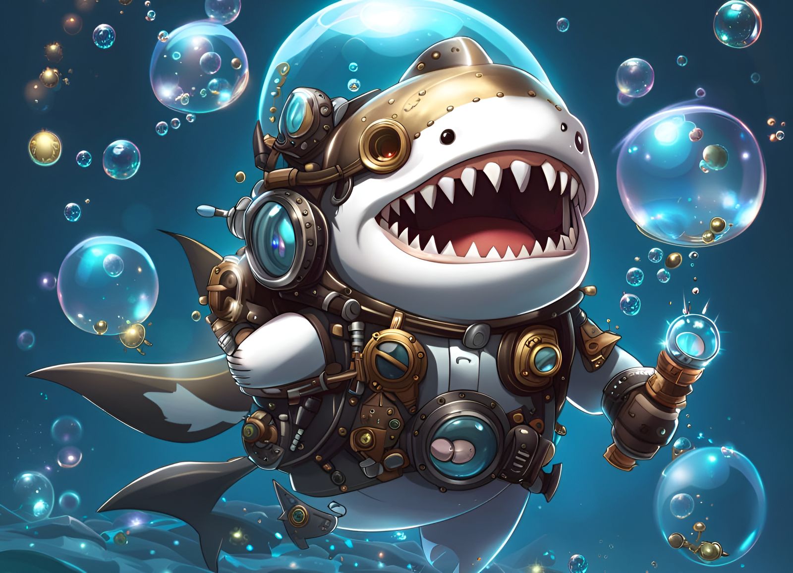 Cute Steampunk Shark Illustration in Action Pose