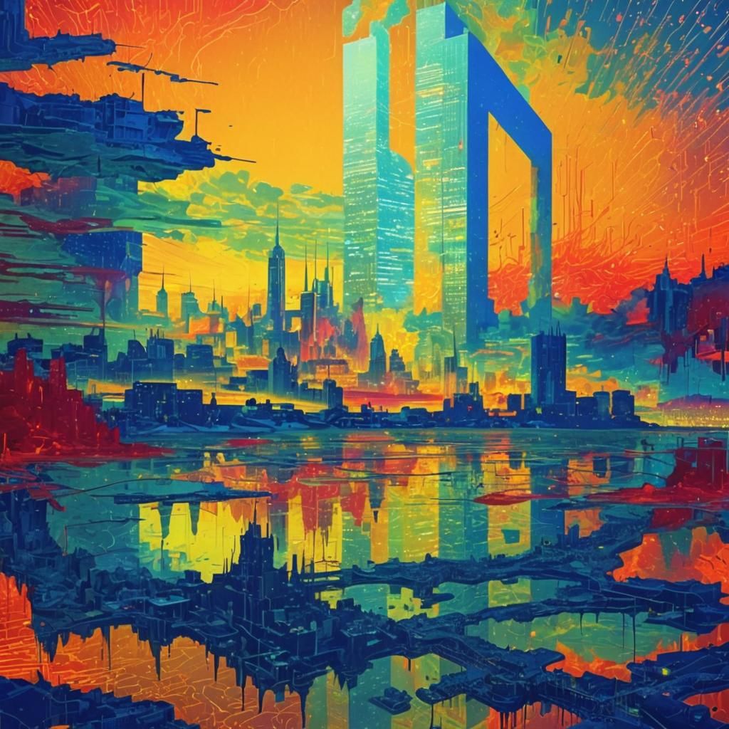 Glitched Cityscape in Surrealist Digital Art Style