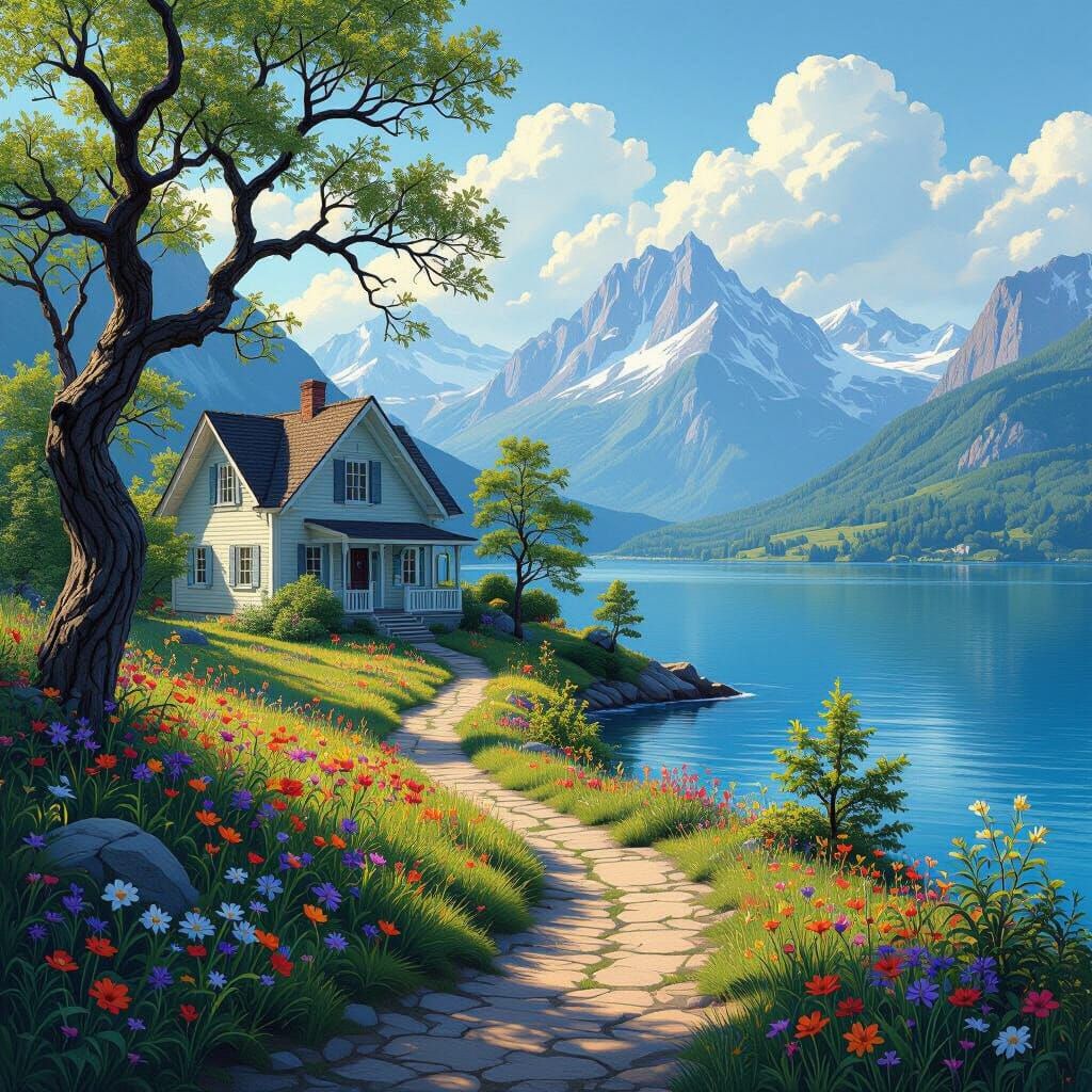 Lakeside House Surrounded by Mountains: Matte Painting
