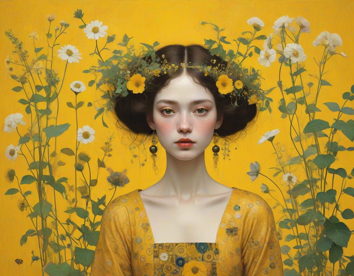 Herbal Yellow Portrait in Klimt & Grimmer Style