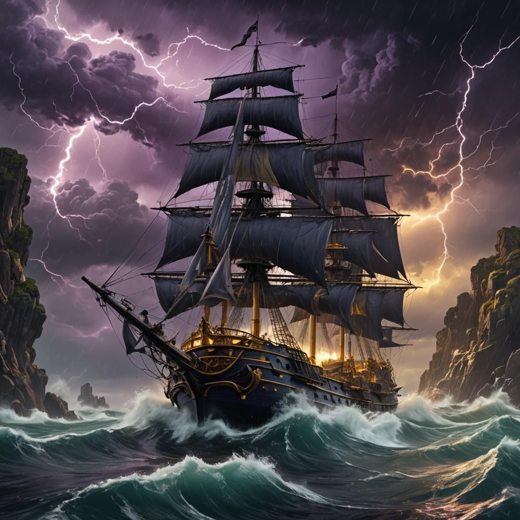 A storm tossed frigate in a terrible storm near land. a masterpiece, 8k resolution, dark fantasy concept art, by Greg Ru...