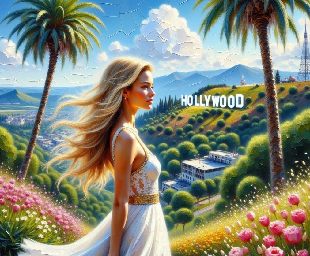 Girl Visits Hollywood Sign as Impasto Painting