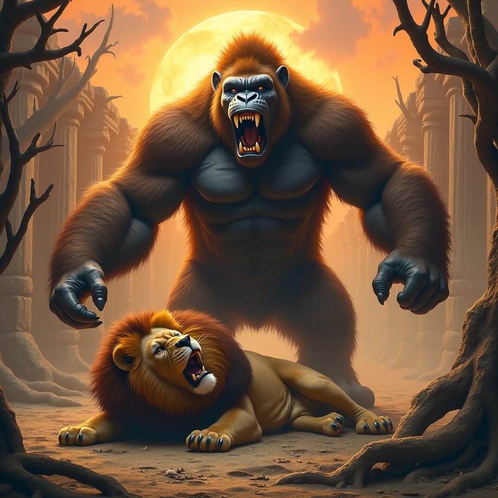 Gorilla's Victory Over Lion in Ancient Arena