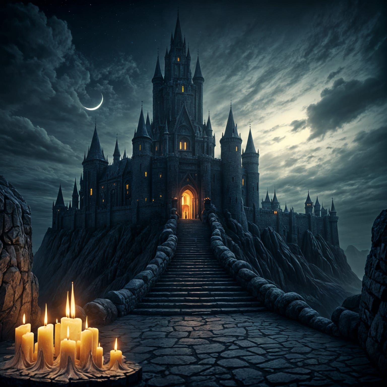 Castle Illuminated by Flickering Candlelight Under a Crescen...
