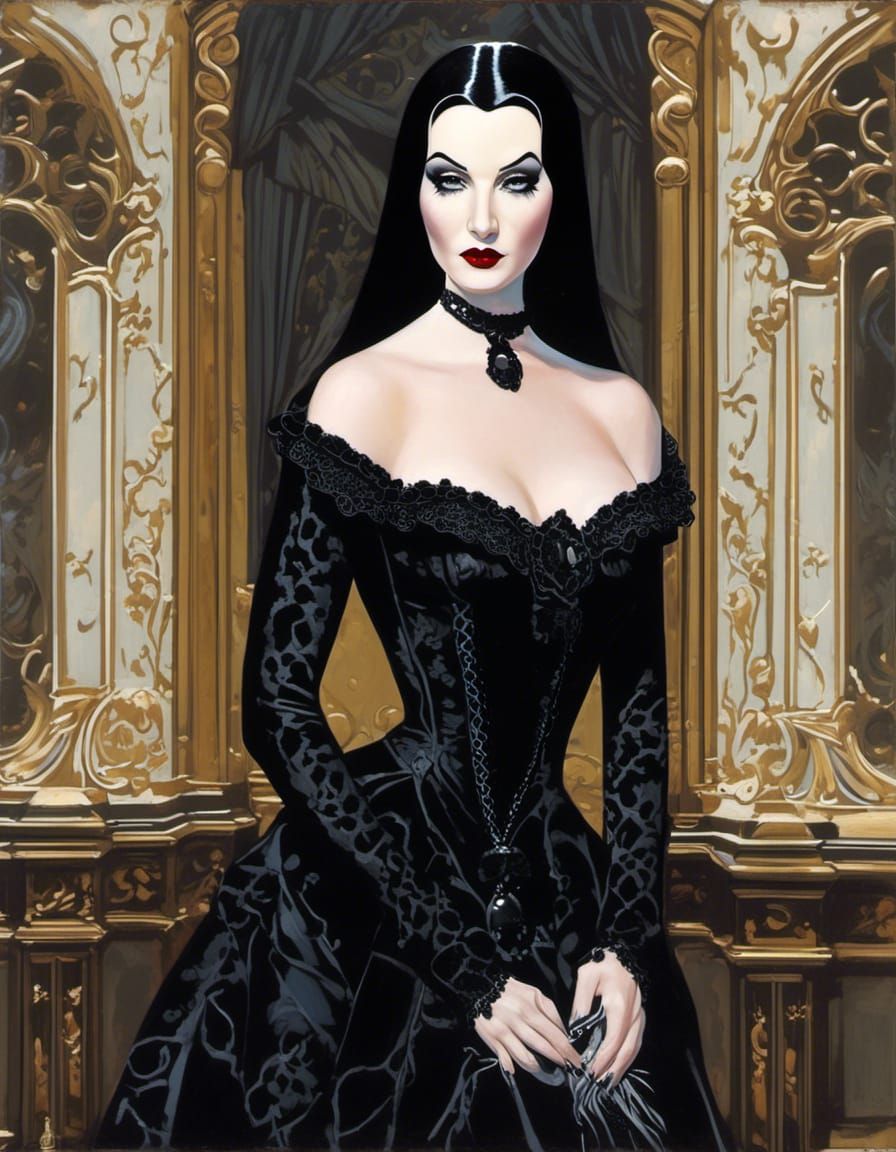 Morticia Addams in Victorian Parlor with Goth Aesthetic