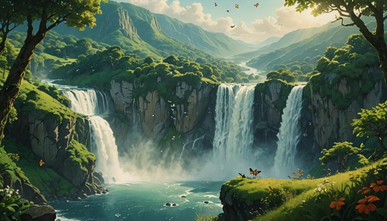 Majestic Paradise Waterfall with Butterflies and Panorama