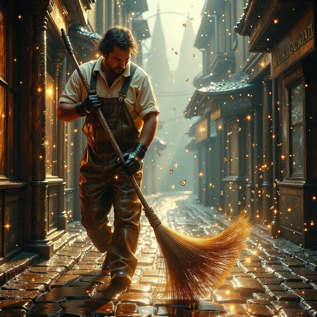 Magical Street Cleaner with Floating Brooms in Ethereal Styl...