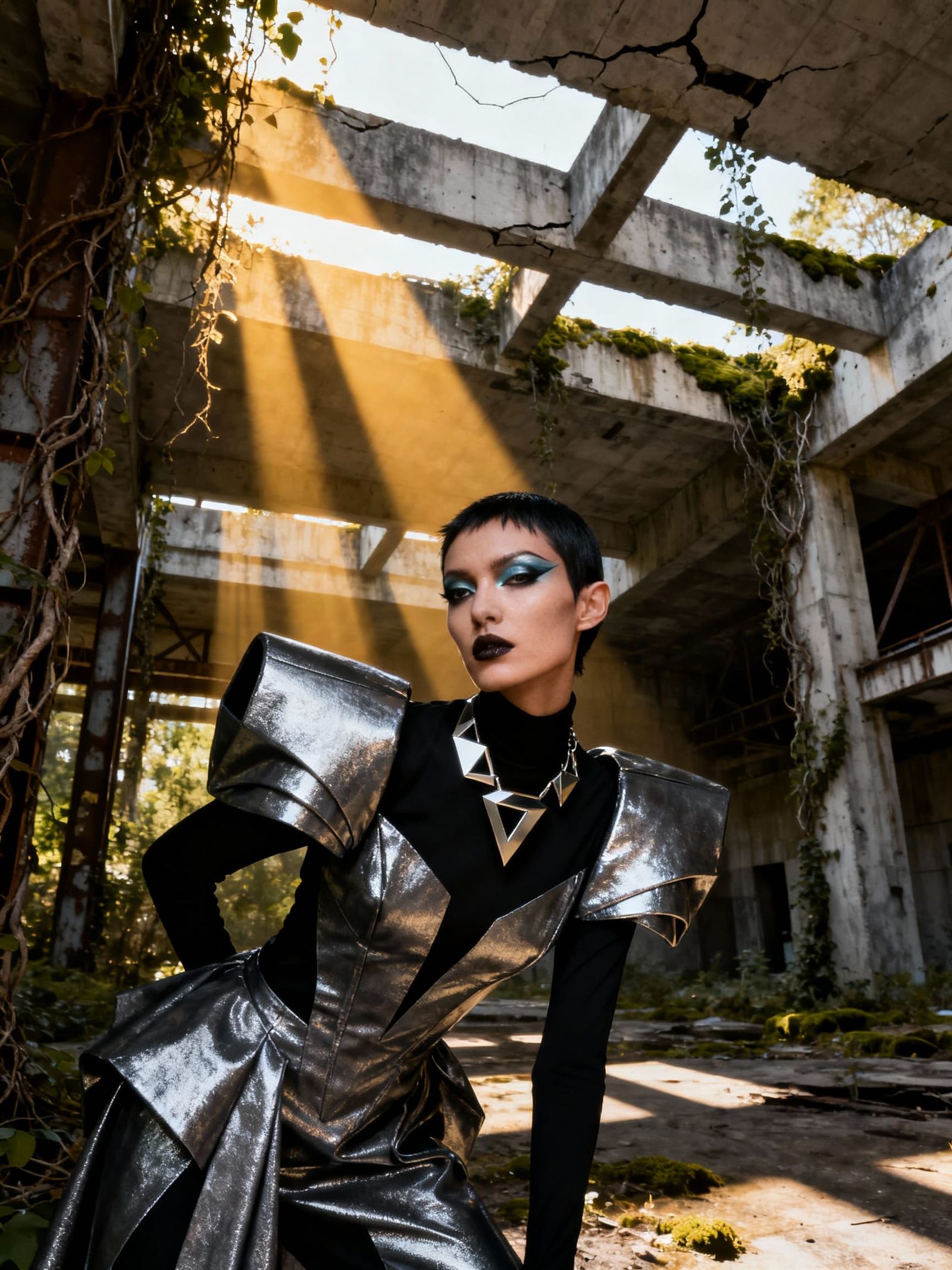 Avant-Garde Model in Brutalist Structure, Metallic Makeup