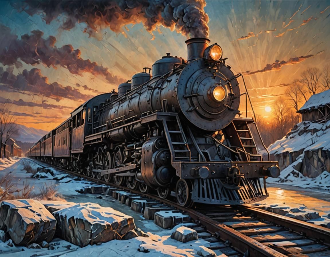 Steam Locomotive on Snowy Bridge: Acrylic Painting