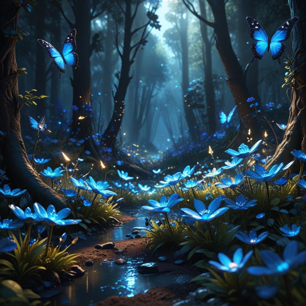 Magical Forest with Blue Glass Flowers and Butterflies