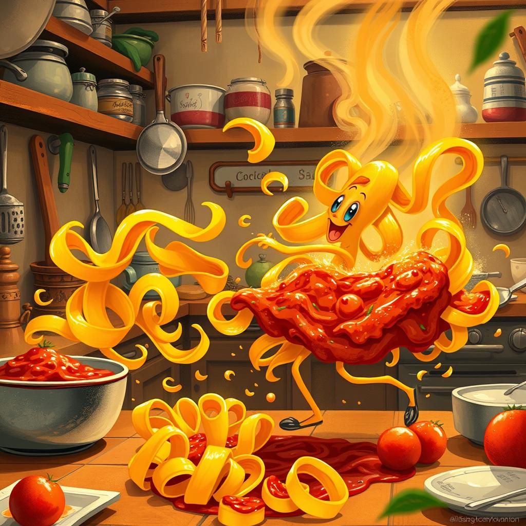 Dancing Pasta: Anthropomorphic Fusilli in Bolognese Sauce