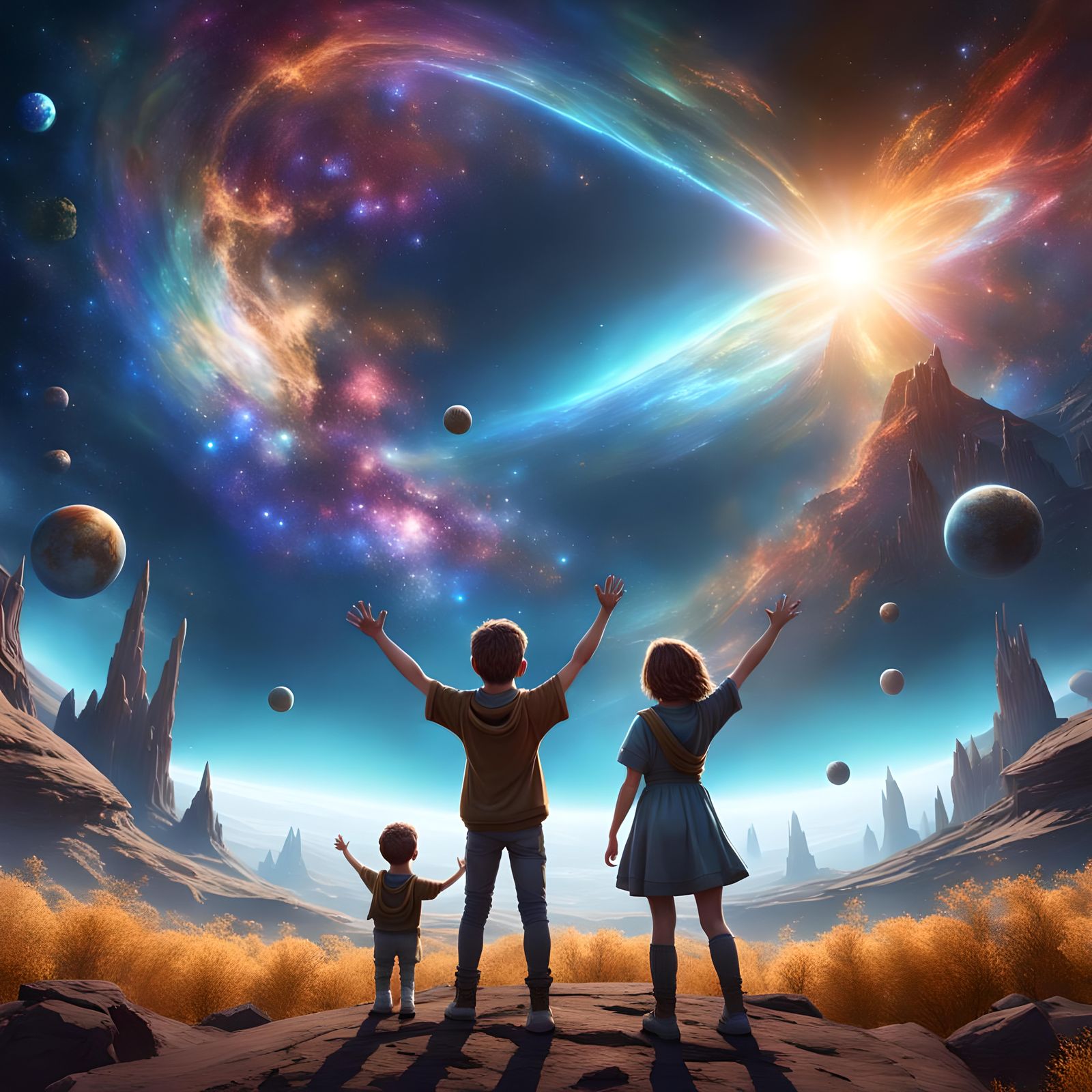 Children in Galactic Starscape Fantasy Art