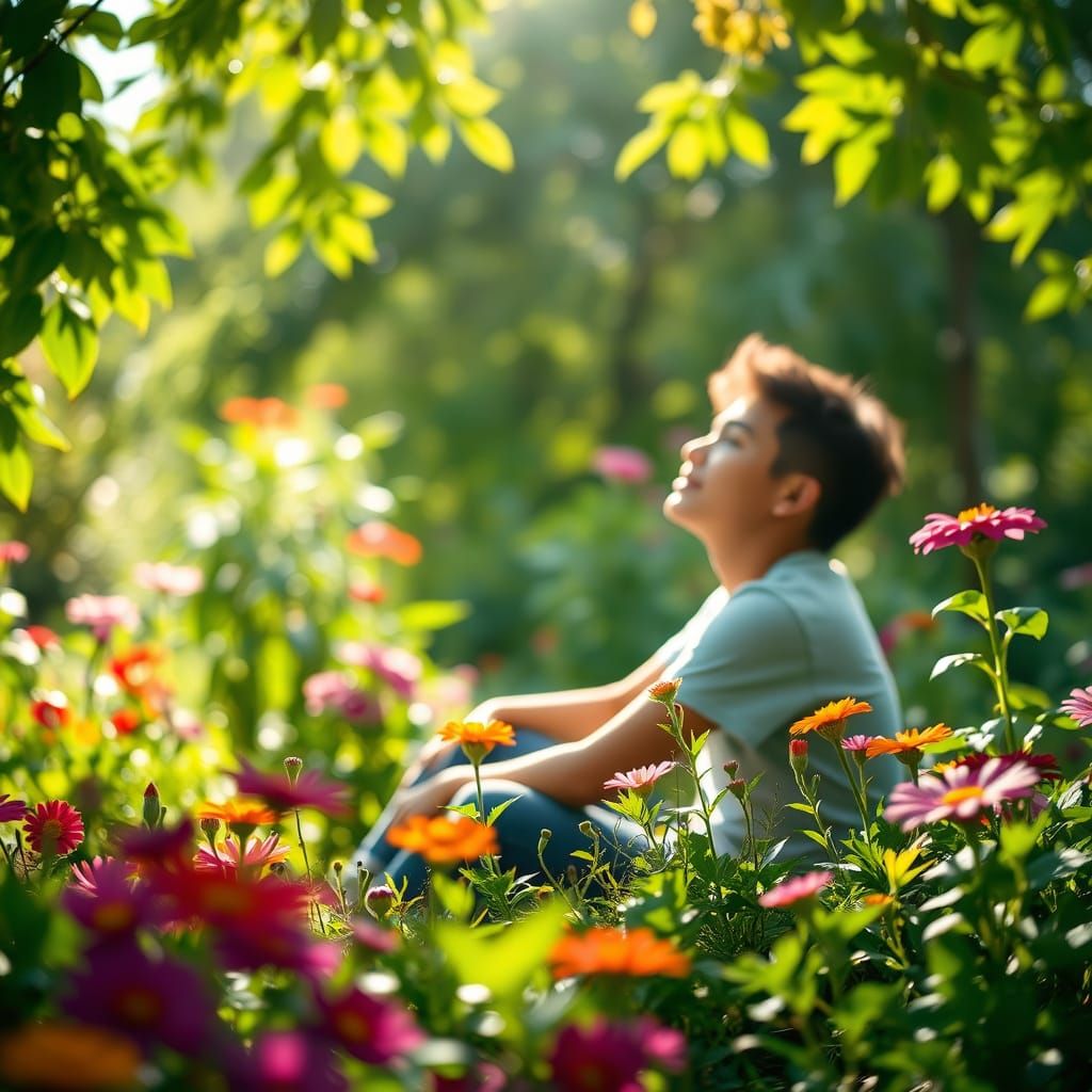 Peaceful Garden Scene with Vibrant Flowers and Bokeh