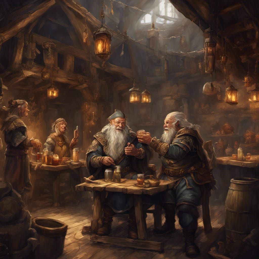 Old Elf and Dwarf Friends in Tavern