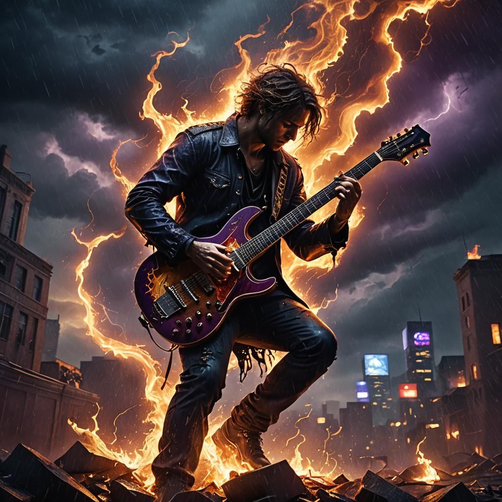 Flaming Guitarist Plays During Stormy Night